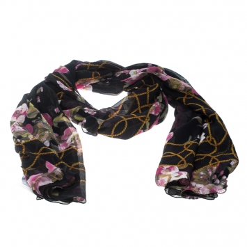 Pre Owned Dolce and Gabbana Black Floral Printed Crinkled Silk Chiffon Scarf