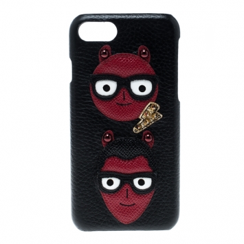 Pre Owned Dolce and Gabbana Black Leather Devil Designers Face Patch iPhone 7 Case