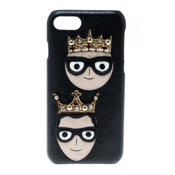 Pre Owned Dolce and Gabbana Black Leather Embellished Crown Face Patch iPhone 7 Case
