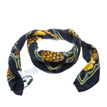 Pre Owned Dolce and Gabbana Pineapple Print Striped Silk Square Scarf