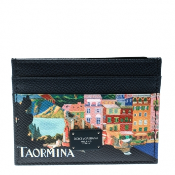 Pre Owned Dolce and Gabbana Blue/Multicolor Leather Taormina Print Cardholder