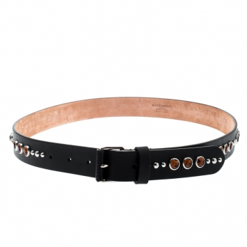 Pre Owned Givenchy Black Leather Crystal Embellished Belt 90CM