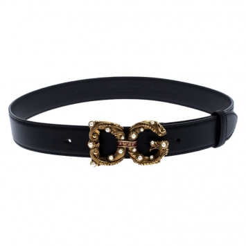 Pre Owned Dolce and Gabbana Black Leather DG Amore Belt 75CM