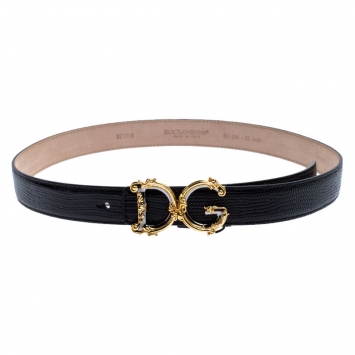 Pre Owned Dolce and Gabbana Black Lizard Embossed Leather Decorative Logo Belt 80CM