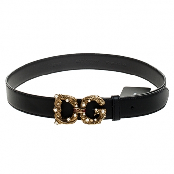 Pre Owned Dolce and Gabbana Black Leather DG Amore Belt 80 CM
