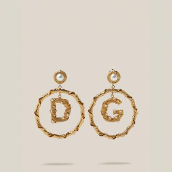 Pre Owned Dolce & Gabbana Gold Faux Pearls Gold-Tone Logo Charm Earrings