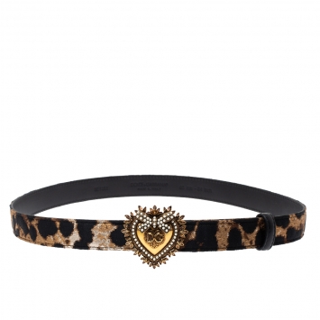 Pre Owned Dolce & Gabbana Brown/Black Leopard Print Canvas Devotion Belt 85CM