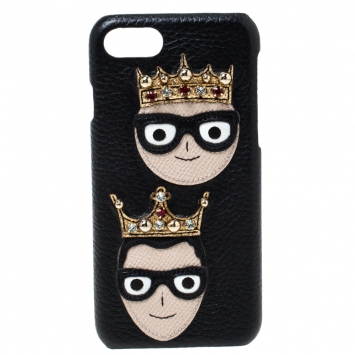 Pre Owned Dolce & Gabbana Black Leather Embellished Crown Face Patch iPhone 7 Case