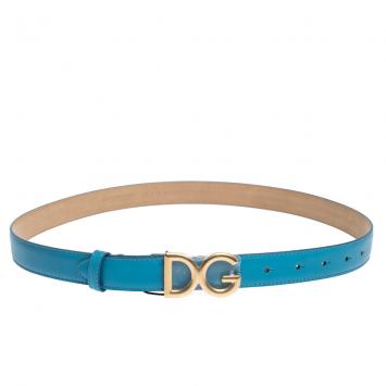 Pre Owned Dolce & Gabbana Sky Blue Leather Logo Buckle Belt 85CM