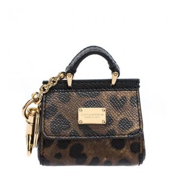 Pre Owned Dolce & Gabbana Brown Leopard Print Leather Miss Sicily Keyring