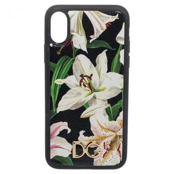 Pre Owned Dolce & Gabbana Black Lily Print Leather Logo Plaque iPhone X-XS Cover