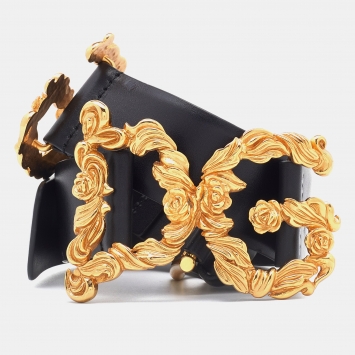 Pre Owned Dolce & Gabbana Black Leather DG Buckle Belt 80CM