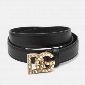 Pre Owned Dolce & Gabbana Black Leather Embellished DG Logo Belt 90CM