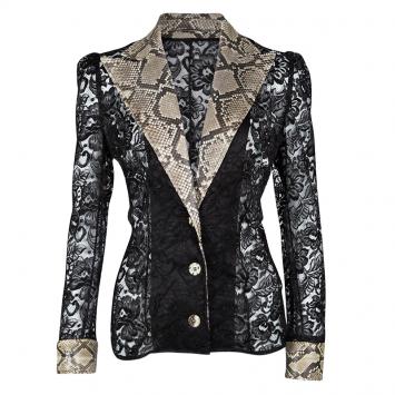 Pre Owned Dolce and Gabbana Black Lace Contrast Python Leather Detail Sheer Jacket S