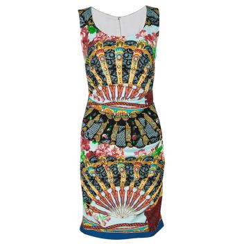 Pre Owned Dolce and Gabbana Multicolour Floral Fans Print Ruched Sleeveless Silk Dress S