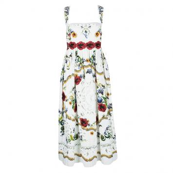 Pre Owned Dolce and Gabbana White Floral Printed Embroidered Poplin Intaglio Dress