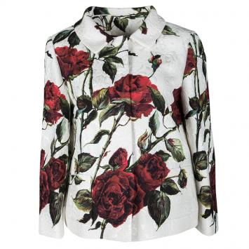 Pre Owned Dolce and Gabbana White Rose Print Brocade Blazer M