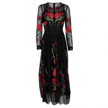 Pre Owned Dolce And Gabbana Black Floral Embroidered Swiss Dot Tulle Dress L