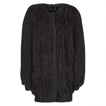 Pre Owned Dolce and Gabbana Black Wool Fringe Rib Trim Shaggy Coat L