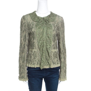 Pre Owned Dolce and Gabbana Olive Green Floral Lace Ruffle Trim Jacket M