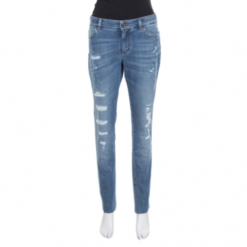 Pre Owned Dolce and Gabbana Indigo Faded Effect Distressed Pretty Jeans L