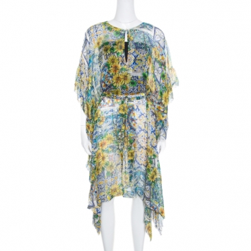 Pre Owned Dolce and Gabbana Yellow Floral Printed Sheer Silk Belted Kaftan M