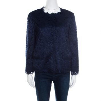 Pre Owned Dolce and Gabbana Navy Blue Floral Lace Scalloped Edge Box Jacket M