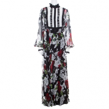 مملوكة مسبقًا Dolce and Gabbana Black Floral Printed Silk Contrast Bib Detail Long Sleeve Maxi Dress L
