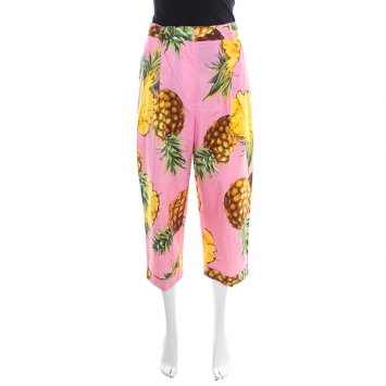 Pre Owned Dolce and Gabbana Pink Pineapple Printed Cotton High Waist Wide Leg Cropped Pants M