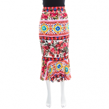 Pre Owned Dolce and Gabbana Multicolor Printed Silk Mambo Flounce Skirt M