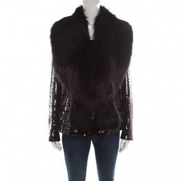 Pre Owned Dolce & Gabbana Black Sequin Paillette Embellished Fox Fur Collar Jacket S