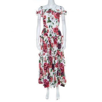 Pre Owned Dolce & Gabbana Multicolor Peony Print Cotton Poplin Cold Shoulder Midi Dress S