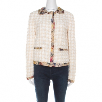 Pre Owned Dolce & Gabbana Cream Cotton Silk Tweed Floral Trim Blazer M