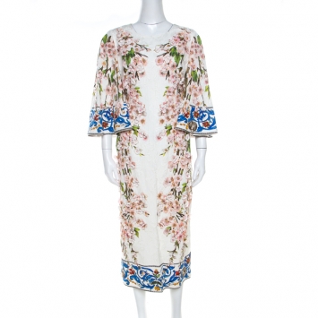 Pre Owned Dolce & Gabbana Muticolor Floral Applique Detail Silk Jacquard Sheath Dress L