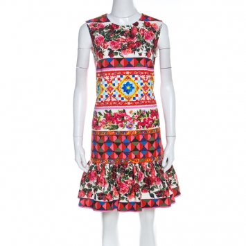 مملوكة مسبقًا Dolce and Gabbana Multicolor Print Textured Cotton Mambo Flounce Dress M