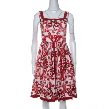 Pre Owned Dolce and Gabbana Red and White Floral Printed Sicilian Dress M