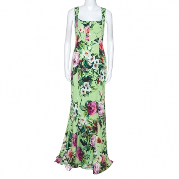 Pre Owned Dolce and Gabbana Green Floral Print Sleeveless Maxi Dress M
