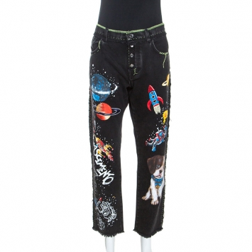 Pre Owned Dolce and Gabbana Black Denim Embroidered Boyfriend Jeans L