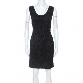 Pre Owned Dolce and Gabbana Black Stretch Satin Brocade Short Dress L