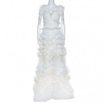 Pre Owned Dolce & Gabbana Off White Silk Feather Trim Ruffle Detail Gown M