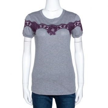 Pre Owned Dolce & Gabbana Grey Cotton Lace Trim Detail T-Shirt S