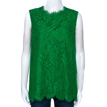 Pre Owned Dolce & Gabbana Green Cord Lace Scalloped Sleeveless Top L