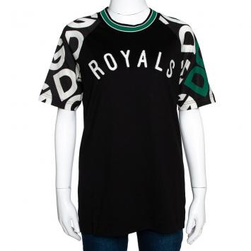 Pre Owned Dolce & Gabbana Black DG Mania Print Jersey Embroidery Crew Neck T Shirt IT 40