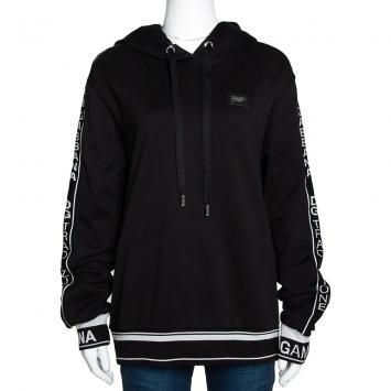 Pre Owned Dolce & Gabbana Black Cotton Logo Bands Hooded Sweatshirt IT 40