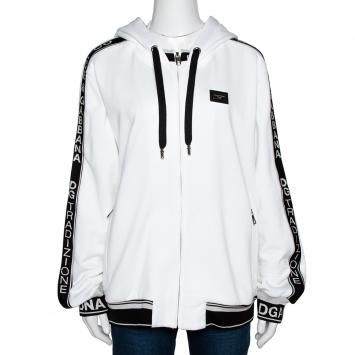 Pre Owned Dolce & Gabbana White Cotton Logo Bands Hooded Sweatshirt IT 40