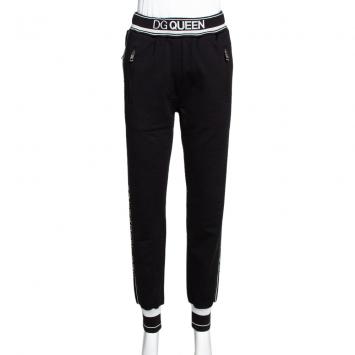 Pre Owned Dolce & Gabbana Black Stretch Jersey Logo Bands Track Pants IT 36