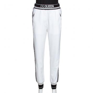 Pre Owned Dolce & Gabbana White Stretch Jersey Logo Bands Track Pants IT 40