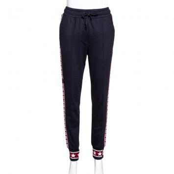 Pre Owned Dolce & Gabbana Dark Blue Wool DG Logo Bands Track Pants IT 38