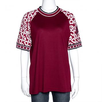 Pre Owned Dolce & Gabbana Bordeaux Jersey DG Mania Print Sleeved Crew Neck T Shirt IT 42
