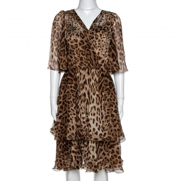 Pre Owned Dolce & Gabbana Brown Leopard Print Silk Chiffon Flared Dress M